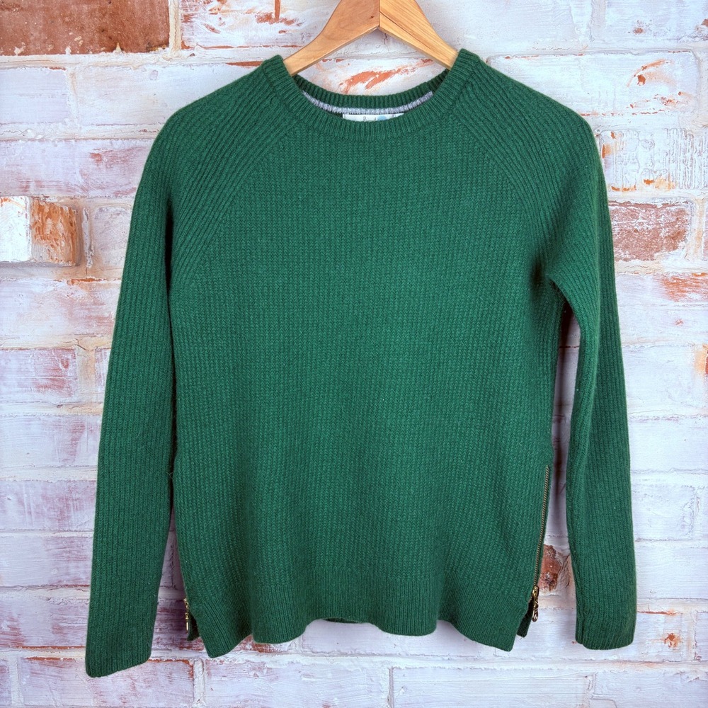 Boden M Forest Green Wool Cashmere Blend Ribbed Sweater Gold Side Zips Crew Neck